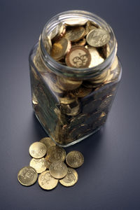 Close-up of coins on glass