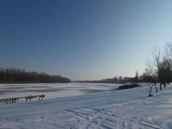 Scenic view of snow covered field against clear sky