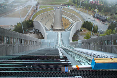 High angle view of bridge over road in city