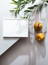 Modern still life with white blank photo frame. summer composition pears, olive branch shadows.