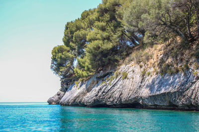 Scenic view of rock formation in sea against sky