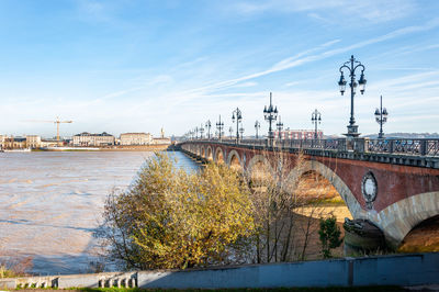 Bridge over river against sky in city