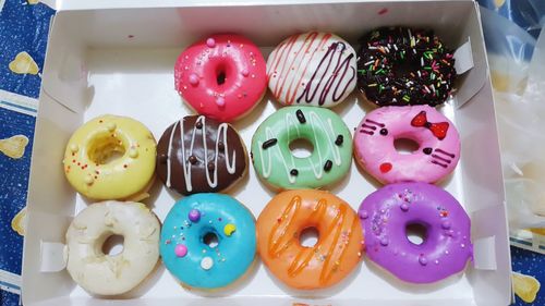 Directly above shot of doughnuts in box