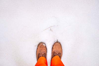 Low section of person standing on snow outdoors