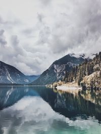 Scenic view of lake and mountains against sky