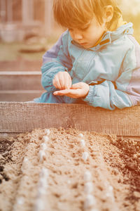 Spring planting seeding farm garden. little kid boy farmer gardener plants sow vegetable seeds soil