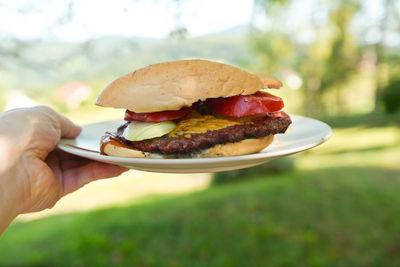 Person holding hamburger on plate