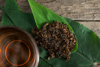 High angle view of tea served on table