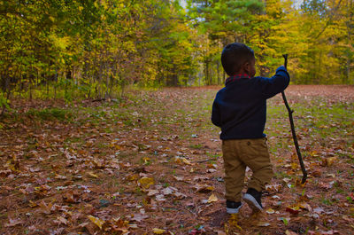 Rear view of boy on leaves during autumn