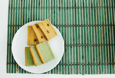 High angle view of cake in plate on table