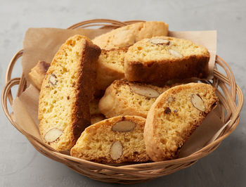 High angle view of bread in basket on table