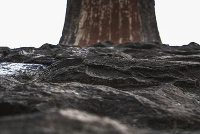 Surface level of rocks against clear sky