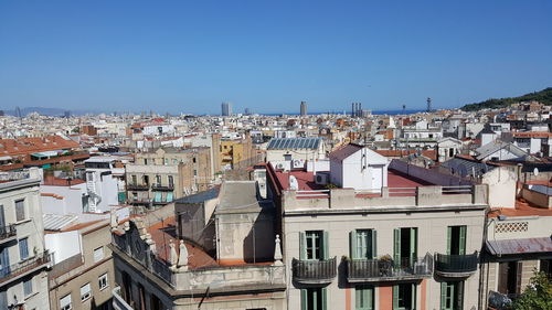 Townscape against clear blue sky