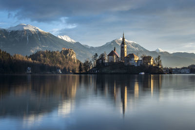 Reflection of st mary church on bled lake