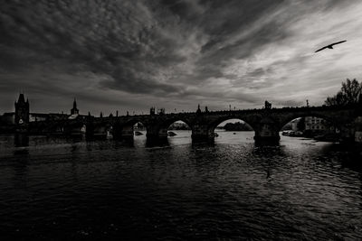 Bridge over river against cloudy sky