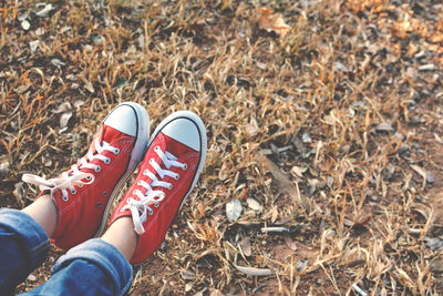 Low section of woman wearing canvas shoes