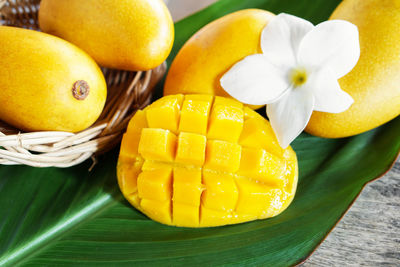 High angle view of yellow fruits on table