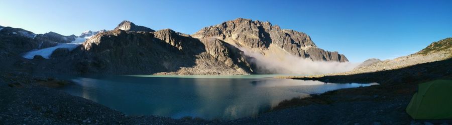 Panoramic view of wedgemount lake and mountains against clear sky