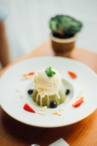 High angle view of ice cream in plate on table