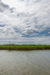 Scenic view of field against cloudy sky