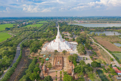 High angle view of historic building against sky