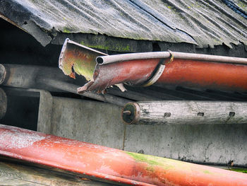 Close-up of rusty metal on wood