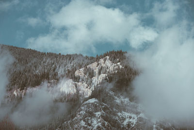 Scenic view of waterfall against cloudy sky