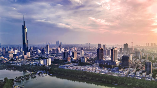 High angle view of city at waterfront