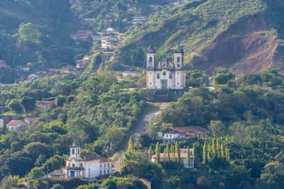 High angle view of trees and buildings