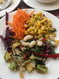 High angle view of chopped vegetables in plate