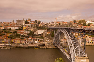 Dom luis i bridge over douro river by city against sky