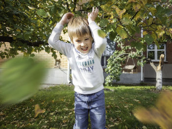 Cheerful boy makes salute with colorful fallen leaves.  sunny autumn day.