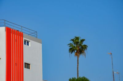 Low angle view of palm trees against clear blue sky