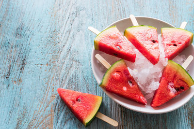 High angle view of ice cream on table