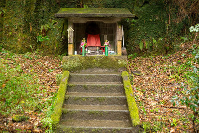 Rear view of woman walking on staircase of building