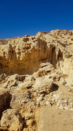 Rock formations against clear blue sky