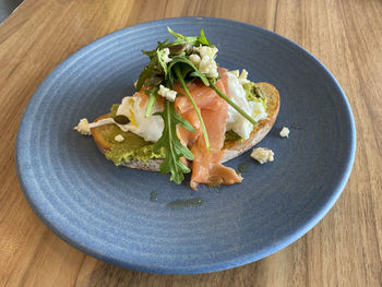 High angle view of salad in plate on table