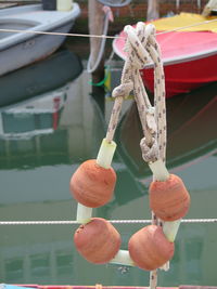 Close-up of decorated hanging on rope