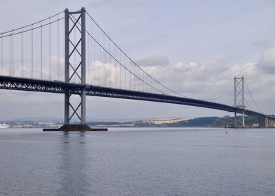 View of suspension bridge against cloudy sky