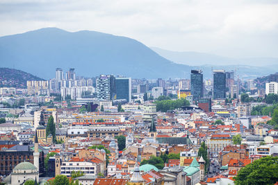 High angle view of buildings in city