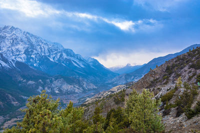 Scenic view of snowcapped mountains against sky