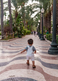 Rear view of boy walking on street