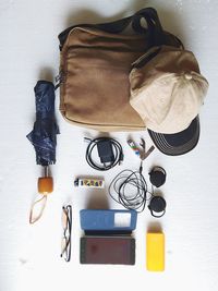 High angle view of various objects on table