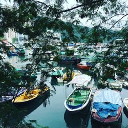 Boats moored on canal in city