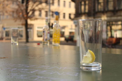 Close-up of water in glass on table