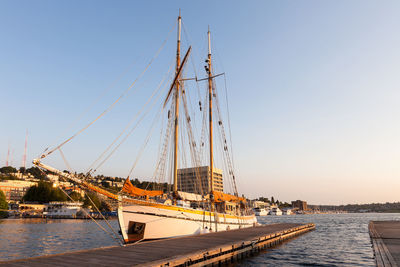 Sailboats on bridge against sky