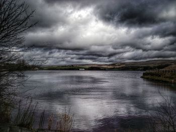 Scenic view of lake against cloudy sky