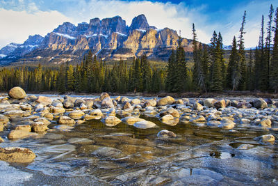 Scenic view of lake by mountains against sky