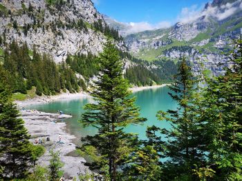 Scenic view of lake by trees against sky