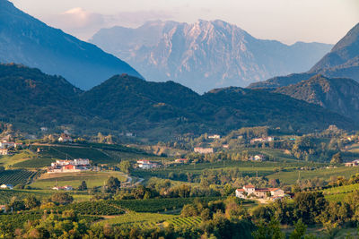 View of the prosecco hills, in the background the venetian alps